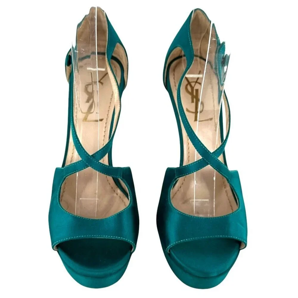 Saint Laurent Paris Turquoise Satin Tribute Cross Strap Platform Sandals Size 35 - Picture 4 of 11